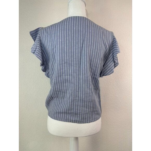 Madewell women's 0 linen-blend ruffle sleeve drawstring crop top in stripe blue - Picture 2 of 8